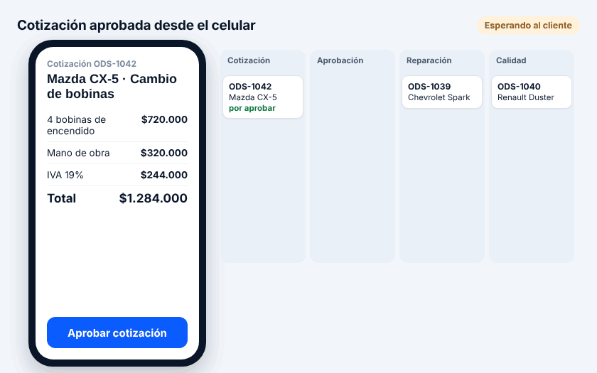 Cotización aprobada desde el celular y la orden avanza en el pipeline